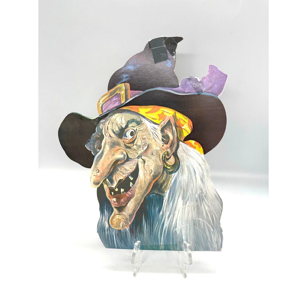 Vintage USA Halloween Die Cut Creepy Witch Head Decoration Double Sided 12"x9"
